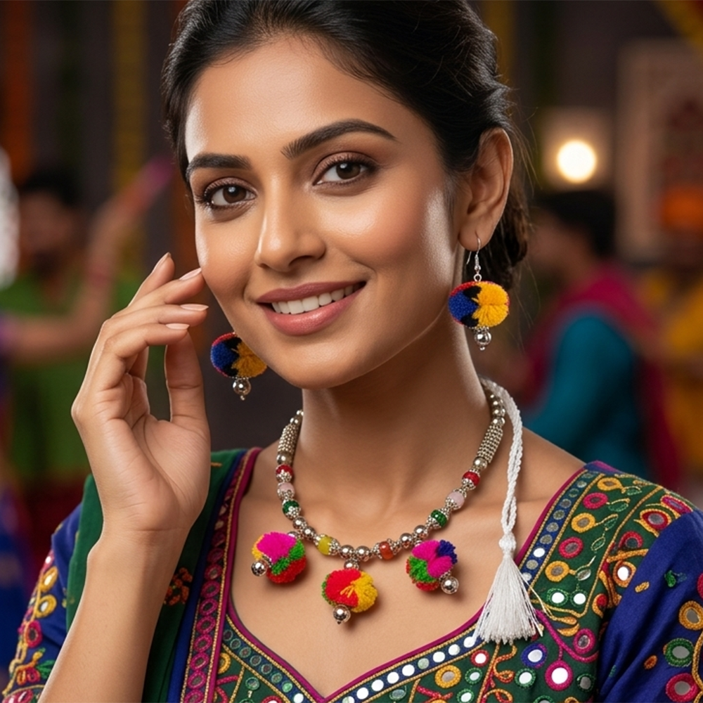 The99Jewel Traditional Oxidised Silver Tone Pom Pom Necklace Set for women