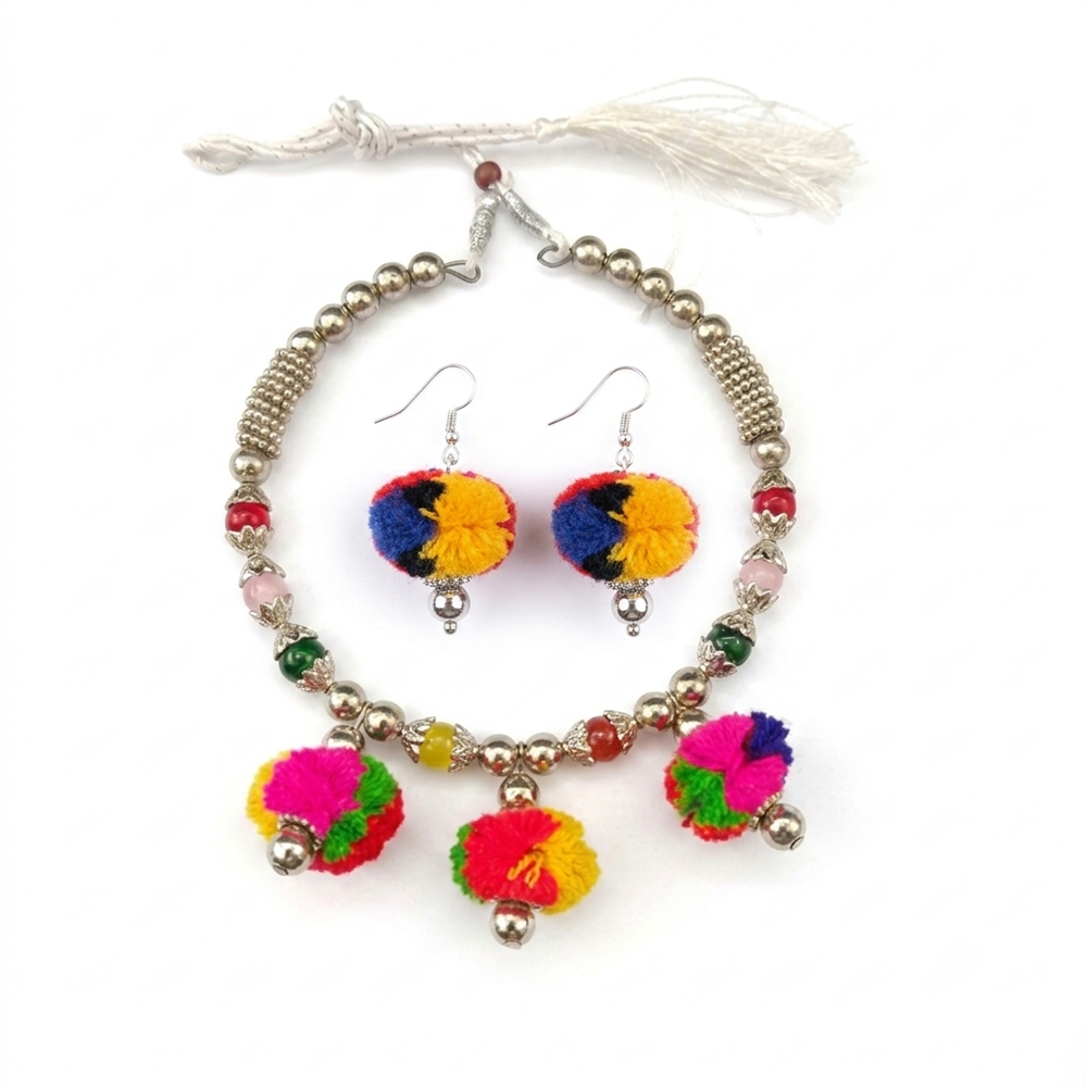 The99Jewel Traditional Oxidised Silver Tone Pom Pom Necklace Set for women