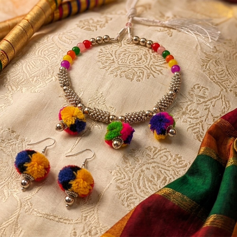 The99Jewel Traditional Oxidised Silver Tone Pom Pom Necklace Set for women