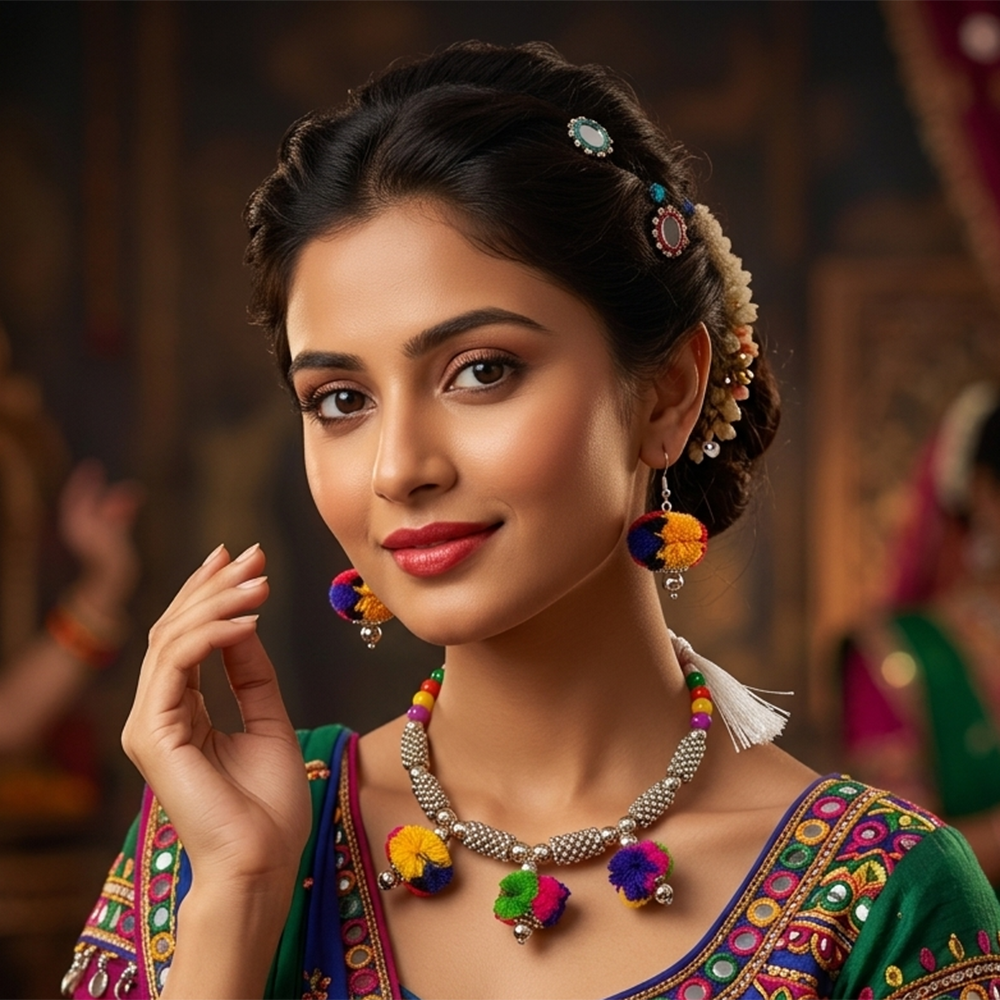The99Jewel Traditional Oxidised Silver Tone Pom Pom Necklace Set for women