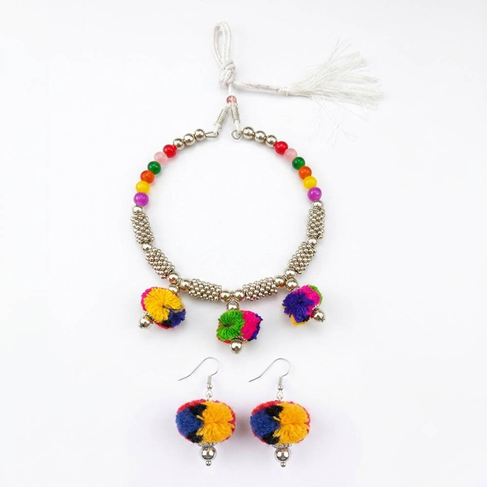 The99Jewel Traditional Oxidised Silver Tone Pom Pom Necklace Set for women