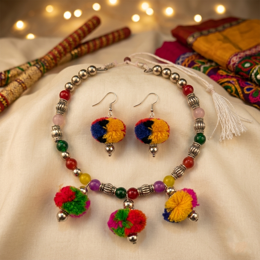 The99Jewel Traditional Oxidised Silver Tone Pom Pom Necklace Set for women