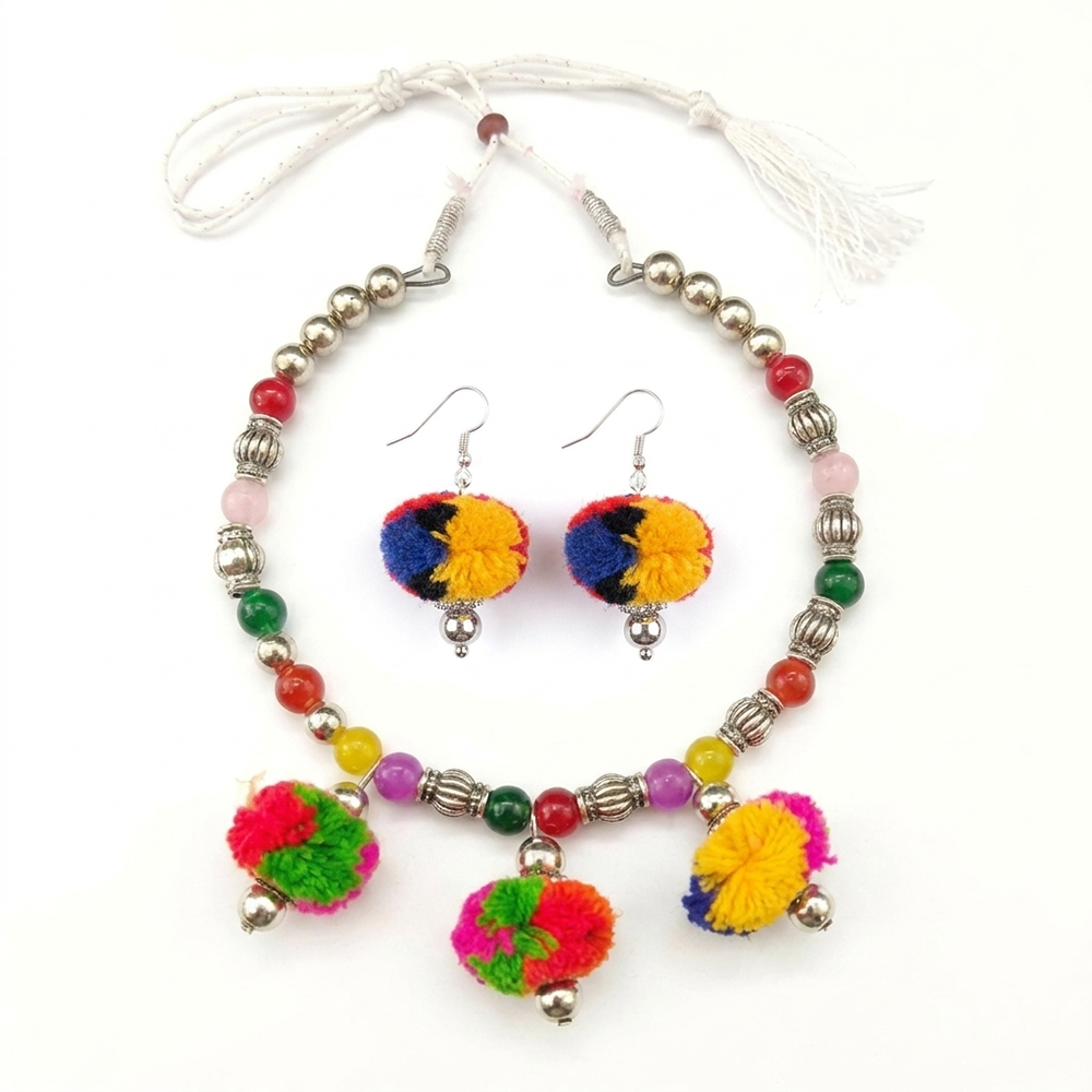 The99Jewel Traditional Oxidised Silver Tone Pom Pom Necklace Set for women
