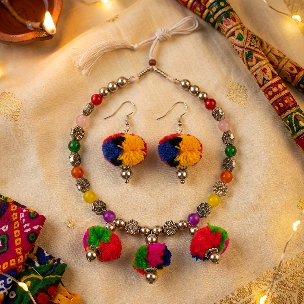 The99Jewel Traditional Oxidised Silver Tone Pom Pom Necklace Set for women