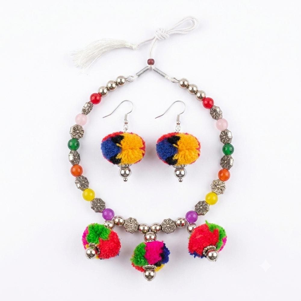 The99Jewel Traditional Oxidised Silver Tone Pom Pom Necklace Set for women