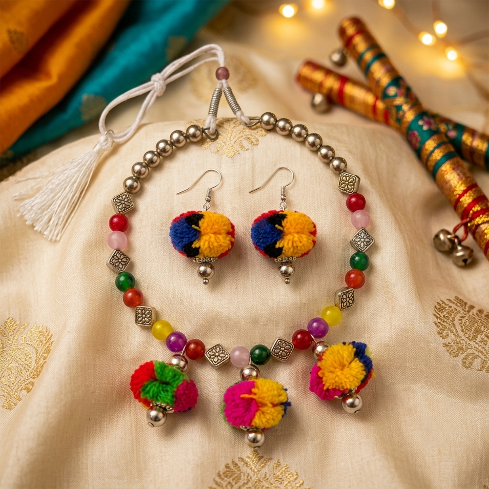 The99Jewel Traditional Oxidised Silver Tone Pom Pom Necklace Set for women