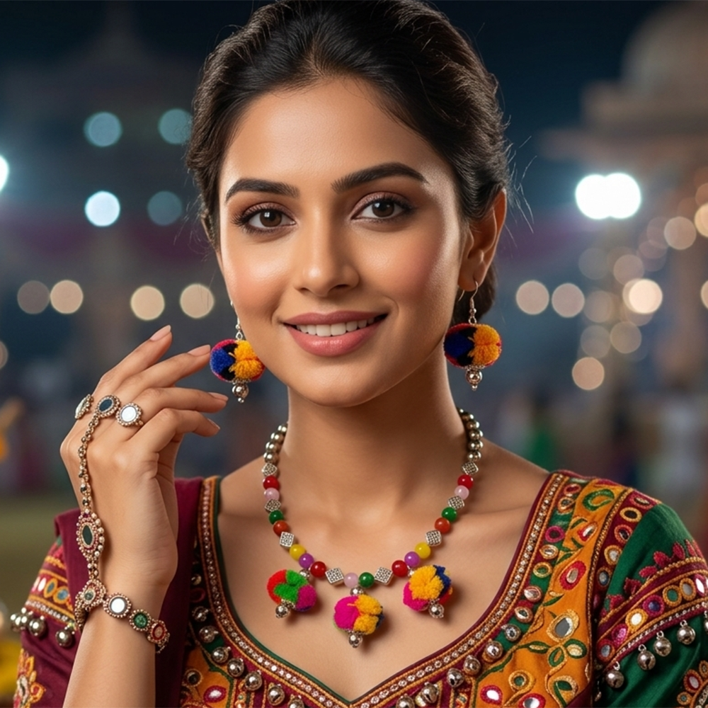 The99Jewel Traditional Oxidised Silver Tone Pom Pom Necklace Set for women