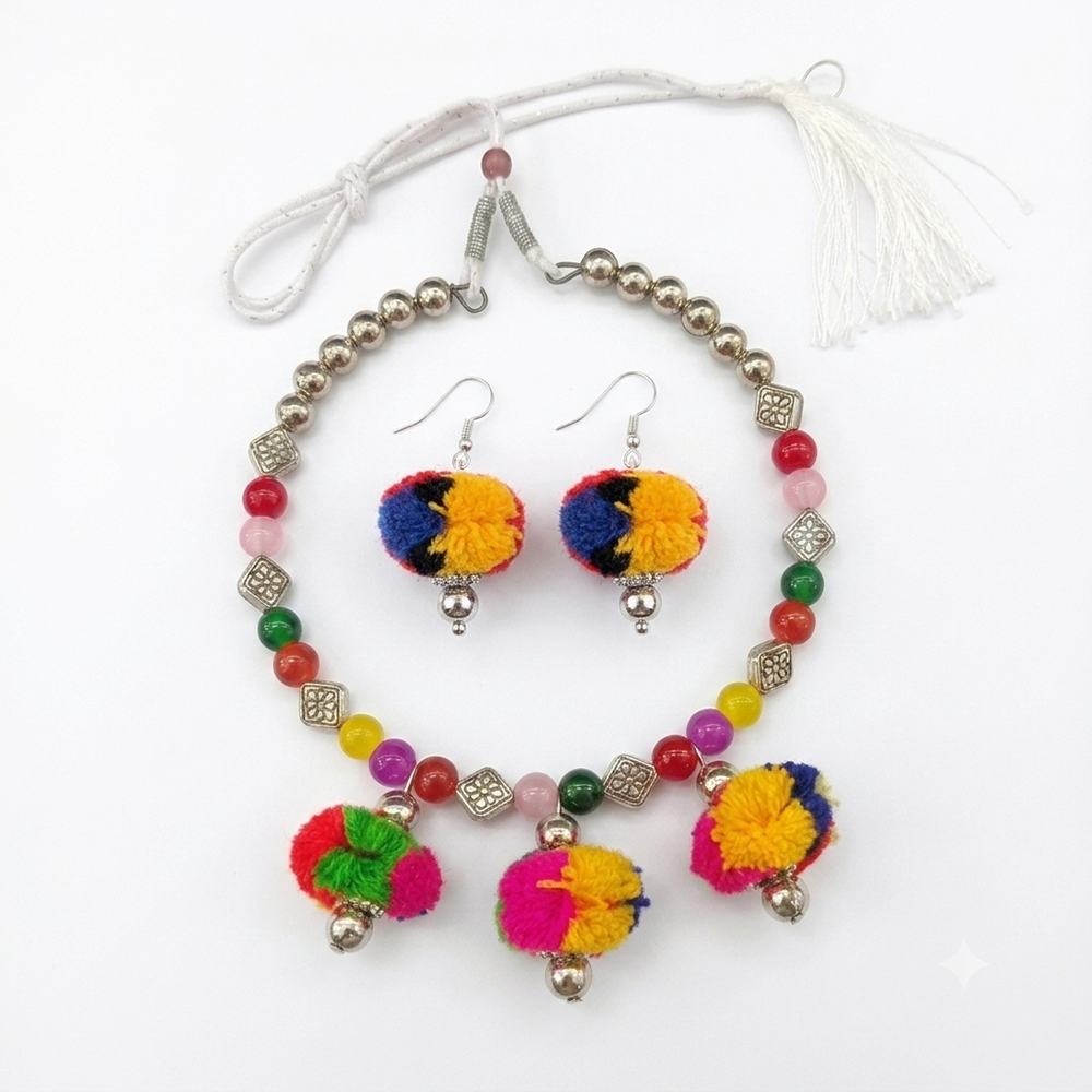 The99Jewel Traditional Oxidised Silver Tone Pom Pom Necklace Set for women