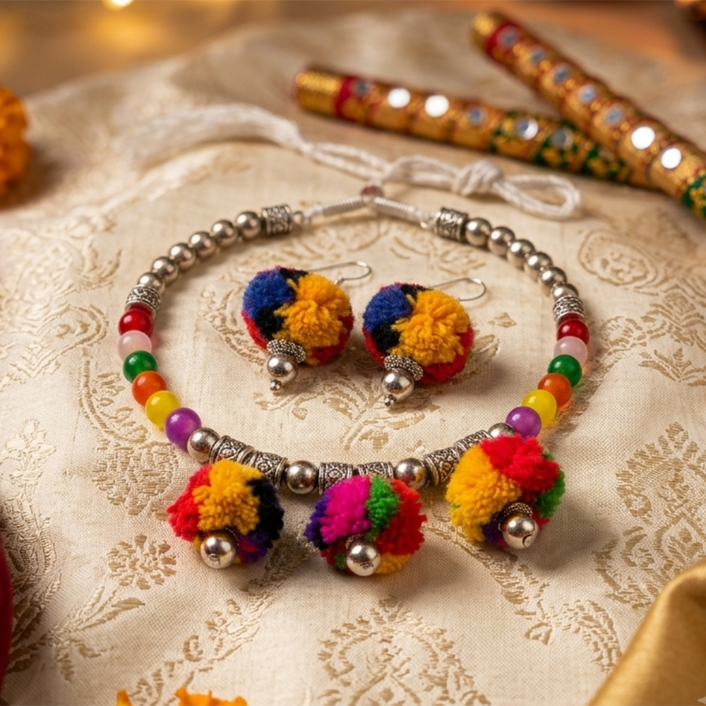 The99Jewel Traditional Oxidised Silver Tone Pom Pom Necklace Set for women