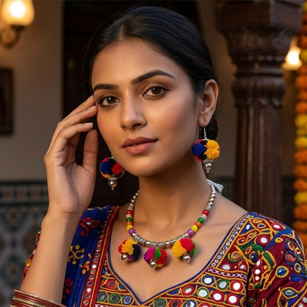 The99Jewel Traditional Oxidised Silver Tone Pom Pom Necklace Set for women
