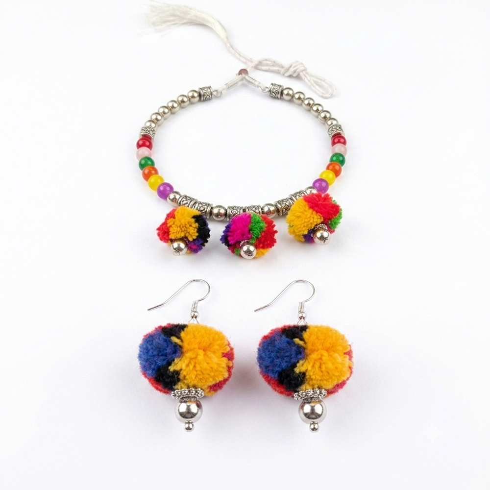 The99Jewel Traditional Oxidised Silver Tone Pom Pom Necklace Set for women