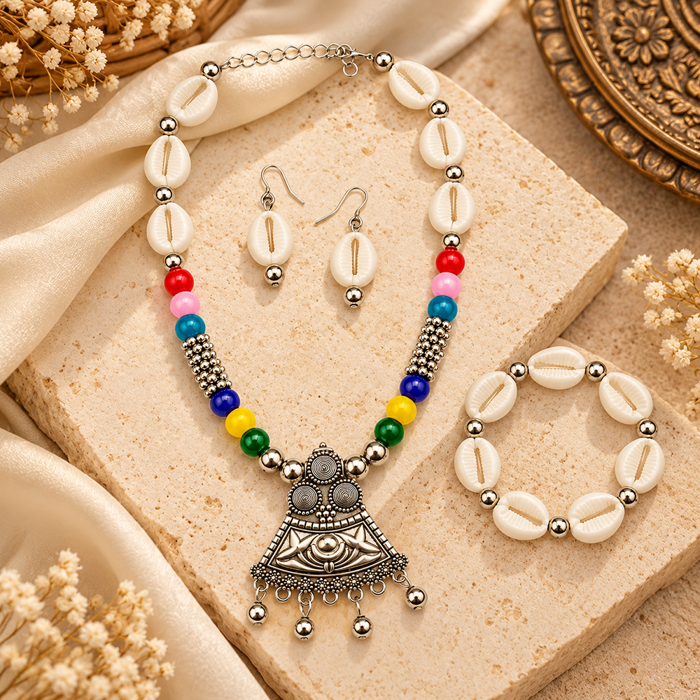The99Jewel Multicolor Cowrie Shell Oxidised Necklace Set With Bracelet