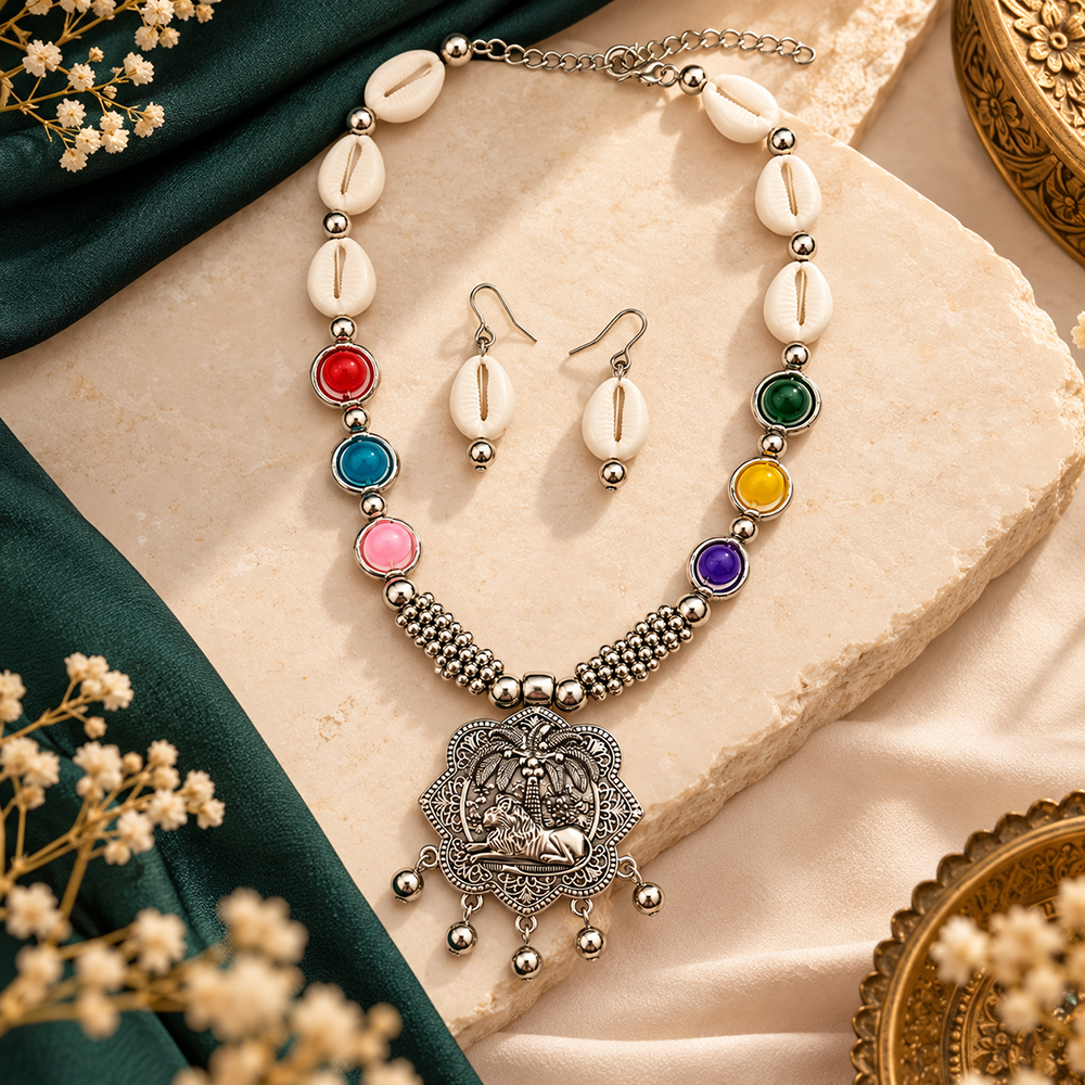 The99Jewel Multicolor Cowrie Shell Oxidised Necklace Set With Bracelet