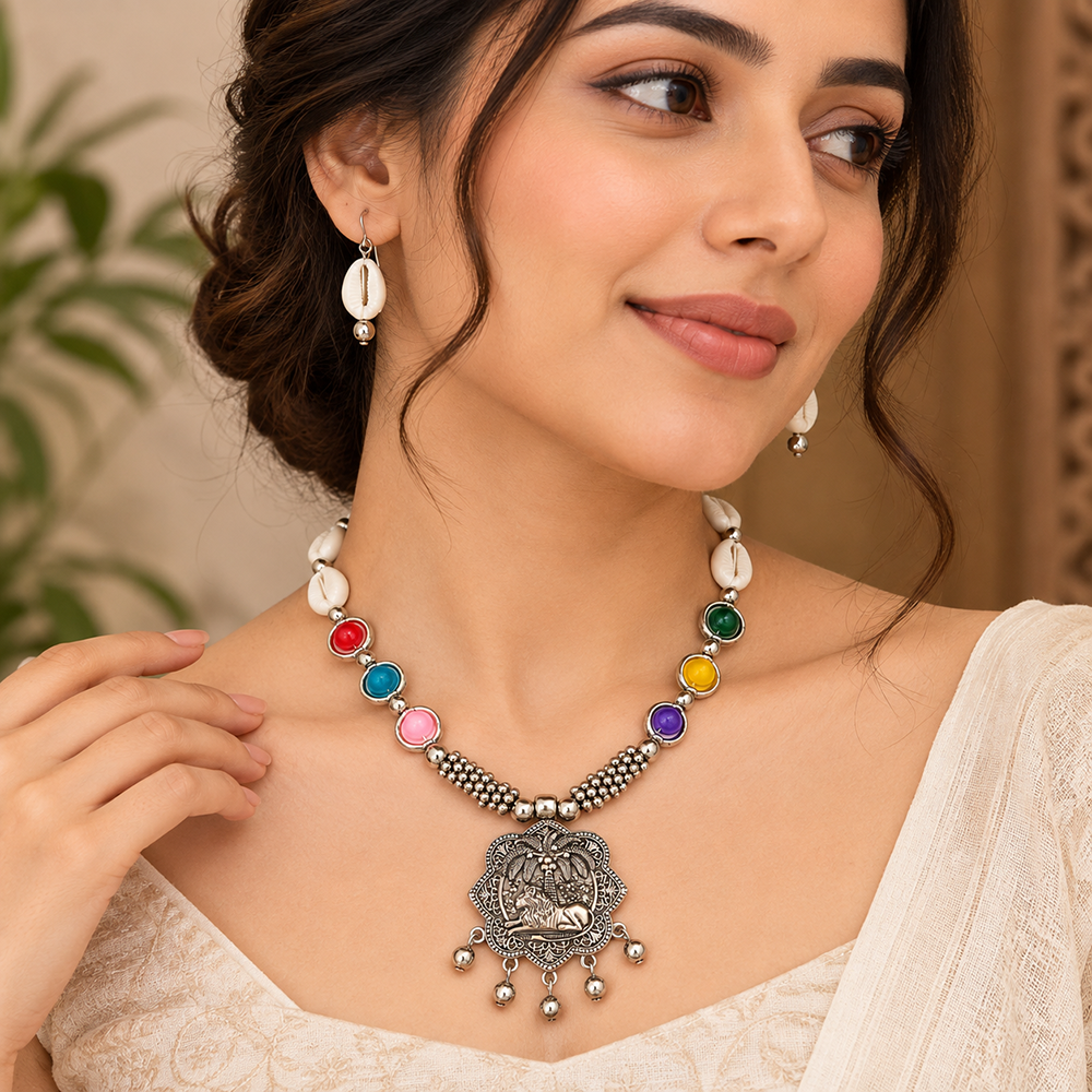 The99Jewel Multicolor Cowrie Shell Oxidised Necklace Set With Bracelet
