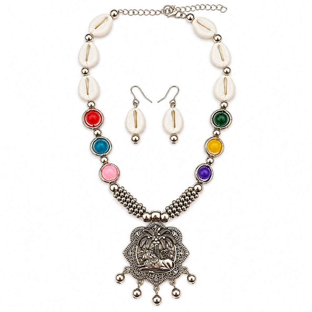 The99Jewel Multicolor Cowrie Shell Oxidised Necklace Set With Bracelet