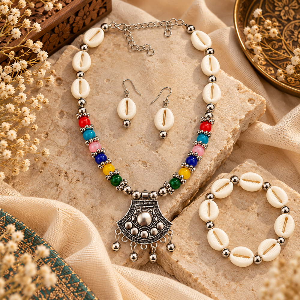 The99Jewel Multicolor Cowrie Shell Oxidised Necklace Set With Bracelet