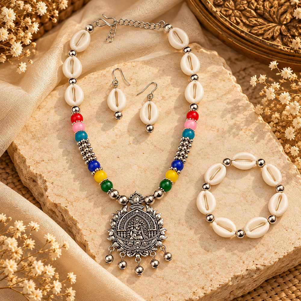 The99Jewel Multicolor Cowrie Shell Oxidised Necklace Set With Bracelet