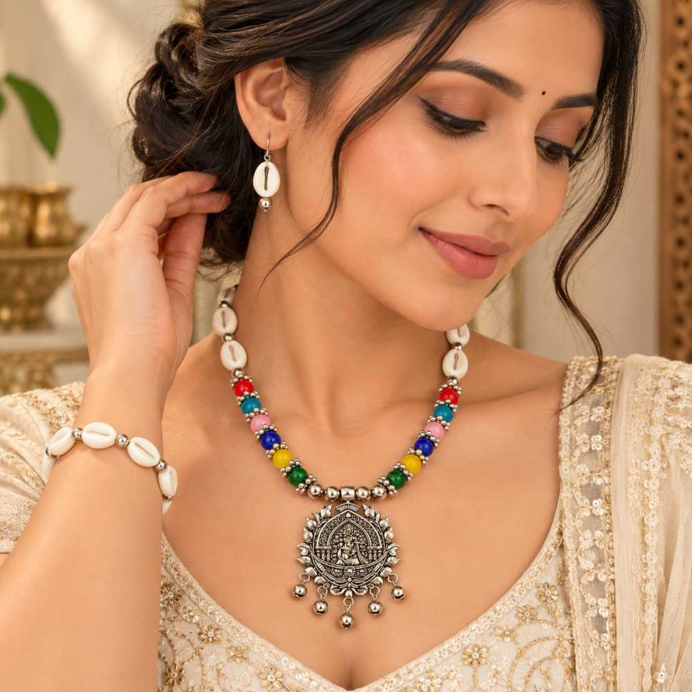 The99Jewel Multicolor Cowrie Shell Oxidised Necklace Set With Bracelet