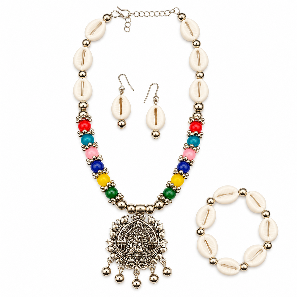 The99Jewel Multicolor Cowrie Shell Oxidised Necklace Set With Bracelet