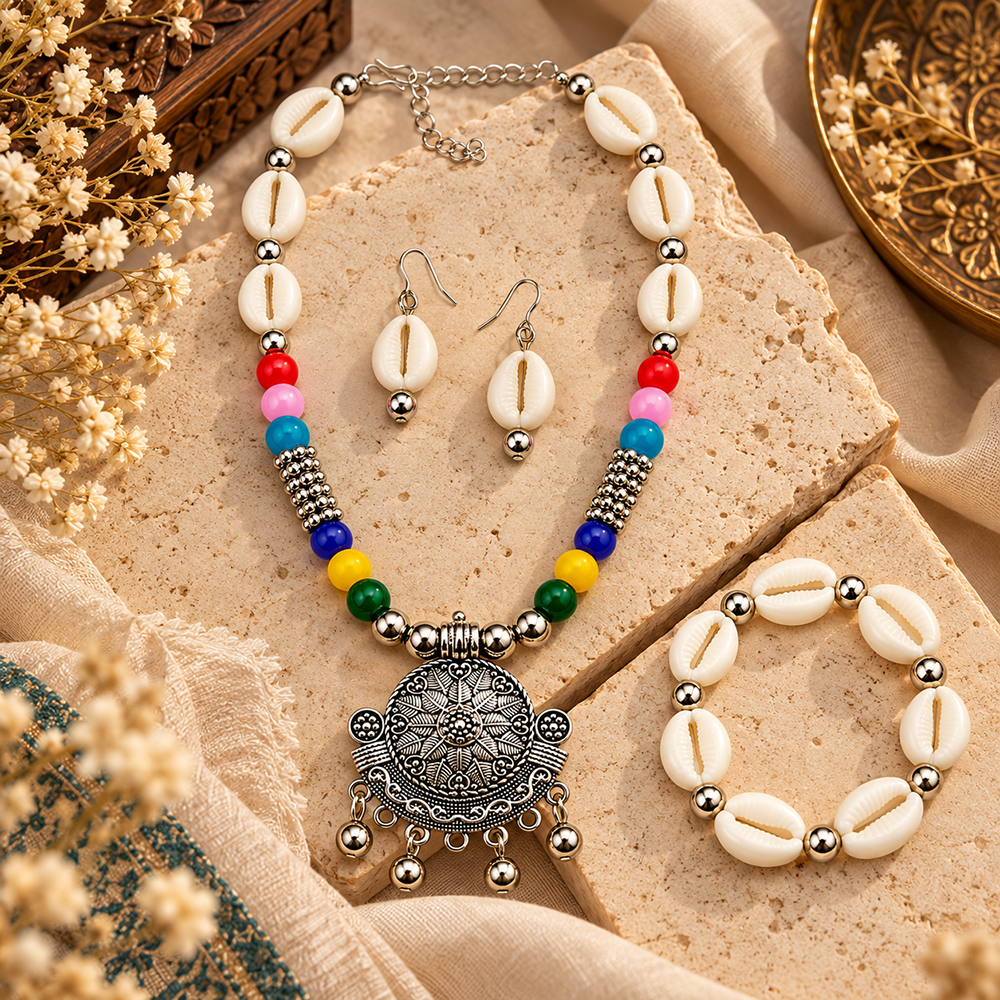 The99Jewel Multicolor Cowrie Shell Oxidised Necklace Set With Bracelet