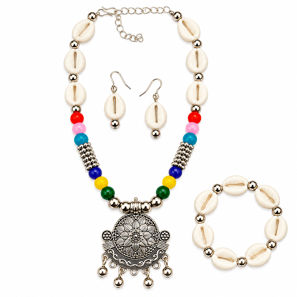 The99Jewel Multicolor Cowrie Shell Oxidised Necklace Set With Bracelet