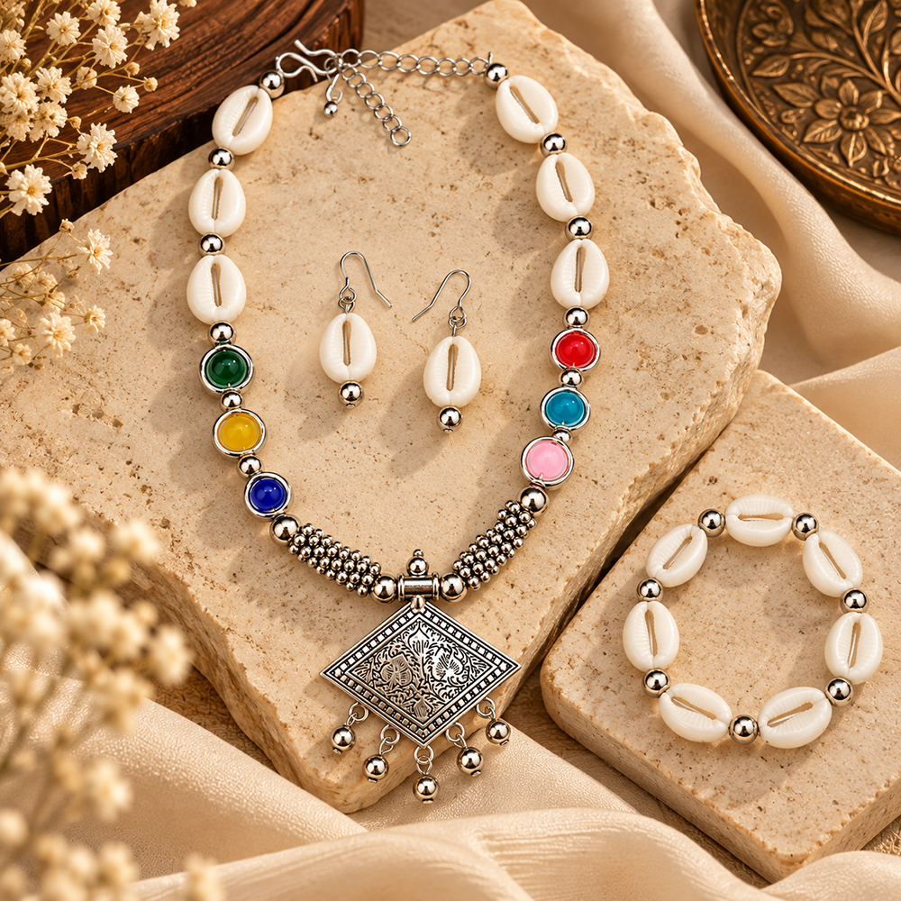 The99Jewel Multicolor Cowrie Shell Oxidised Necklace Set With Bracelet