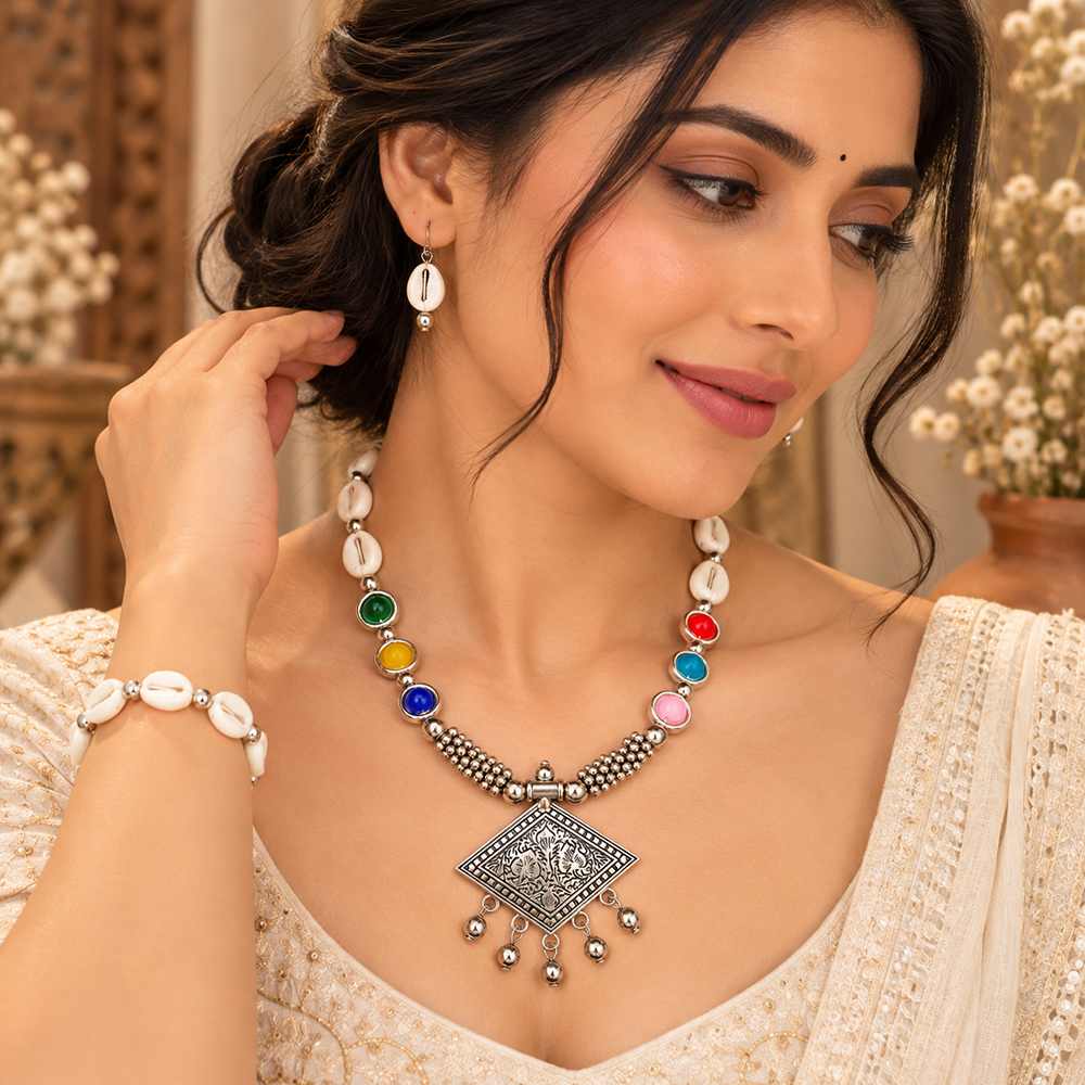 The99Jewel Multicolor Cowrie Shell Oxidised Necklace Set With Bracelet