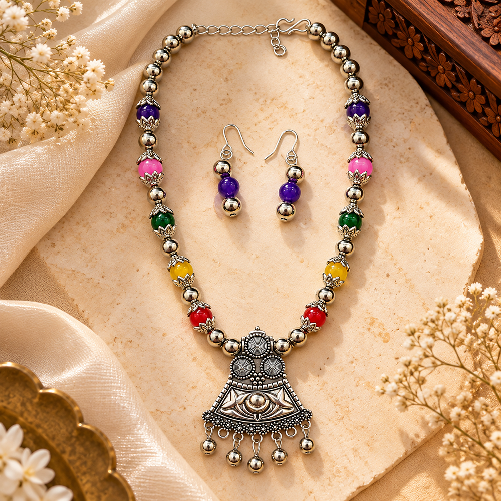 The99Jewel Multicolor Beads Stylish Oxidised Necklace Set 