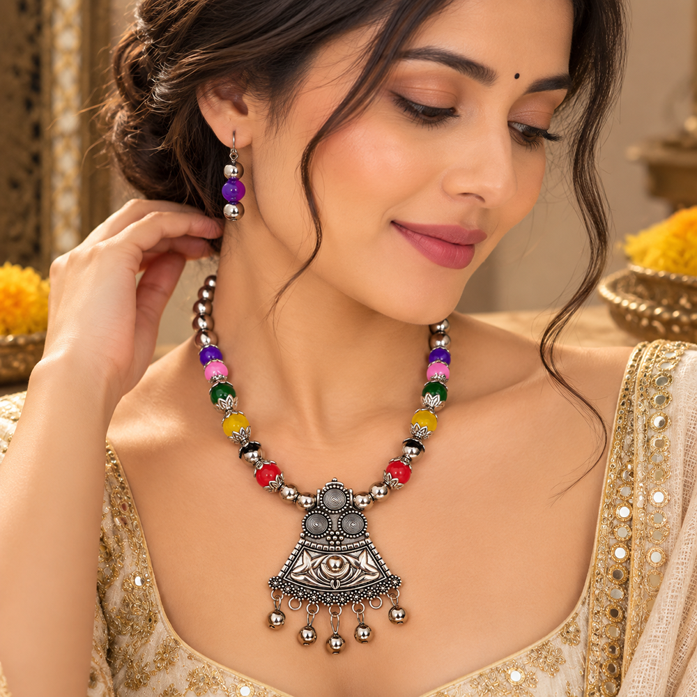 The99Jewel Multicolor Beads Stylish Oxidised Necklace Set