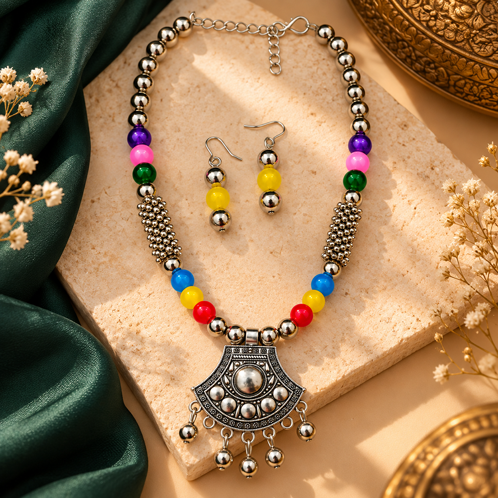 The99Jewel Multicolor Beads Stylish Oxidised Necklace Set