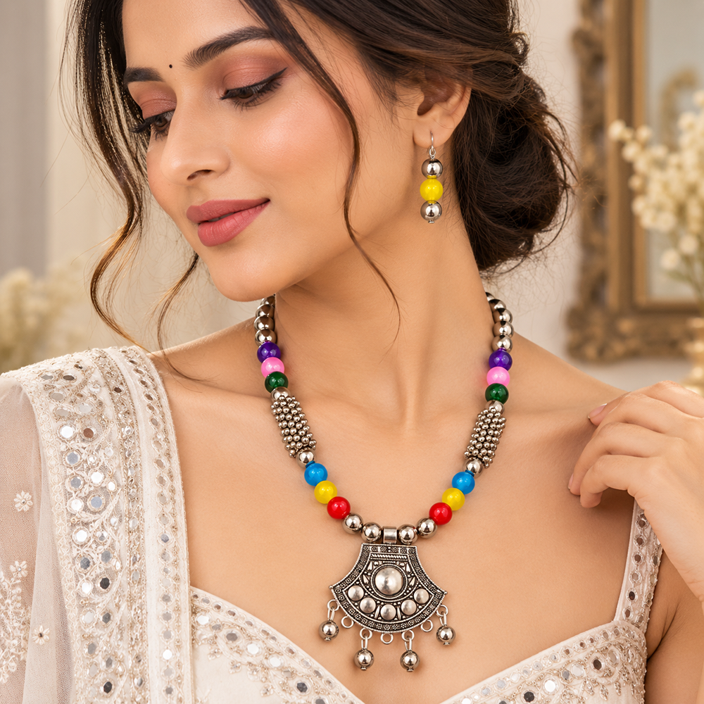 The99Jewel Multicolor Beads Stylish Oxidised Necklace Set 