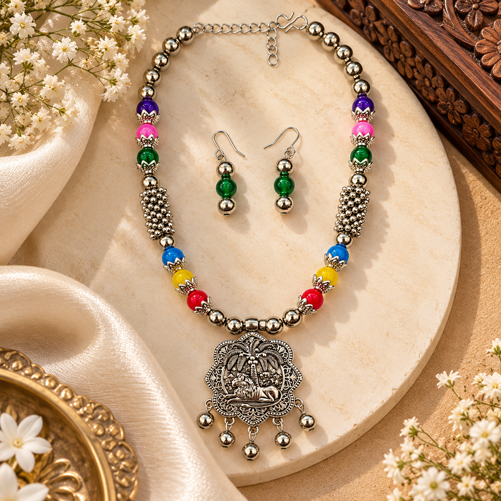 The99Jewel Multicolor Beads Stylish Oxidised Necklace Set 