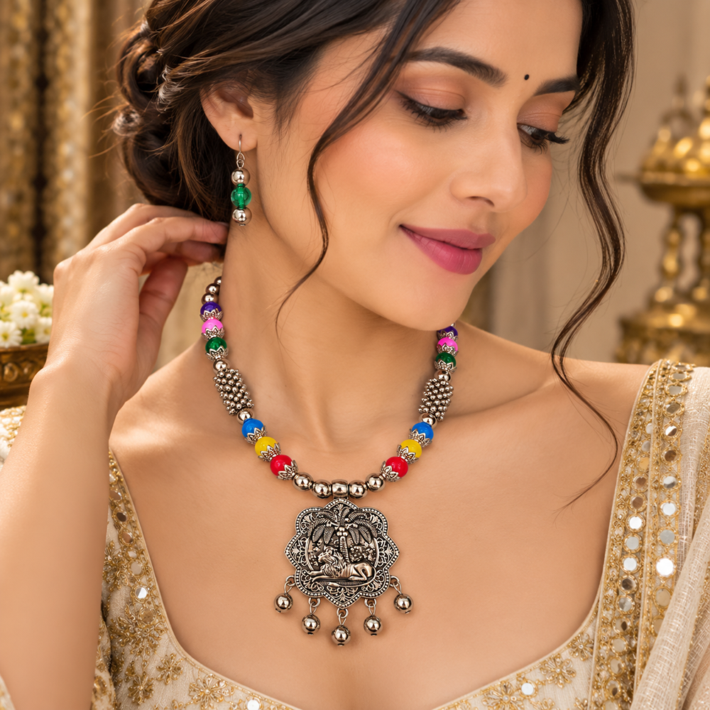 The99Jewel Multicolor Beads Stylish Oxidised Necklace Set
