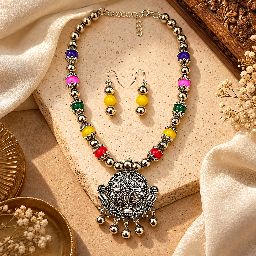 The99Jewel Multicolor Beads Stylish Oxidised Necklace Set 