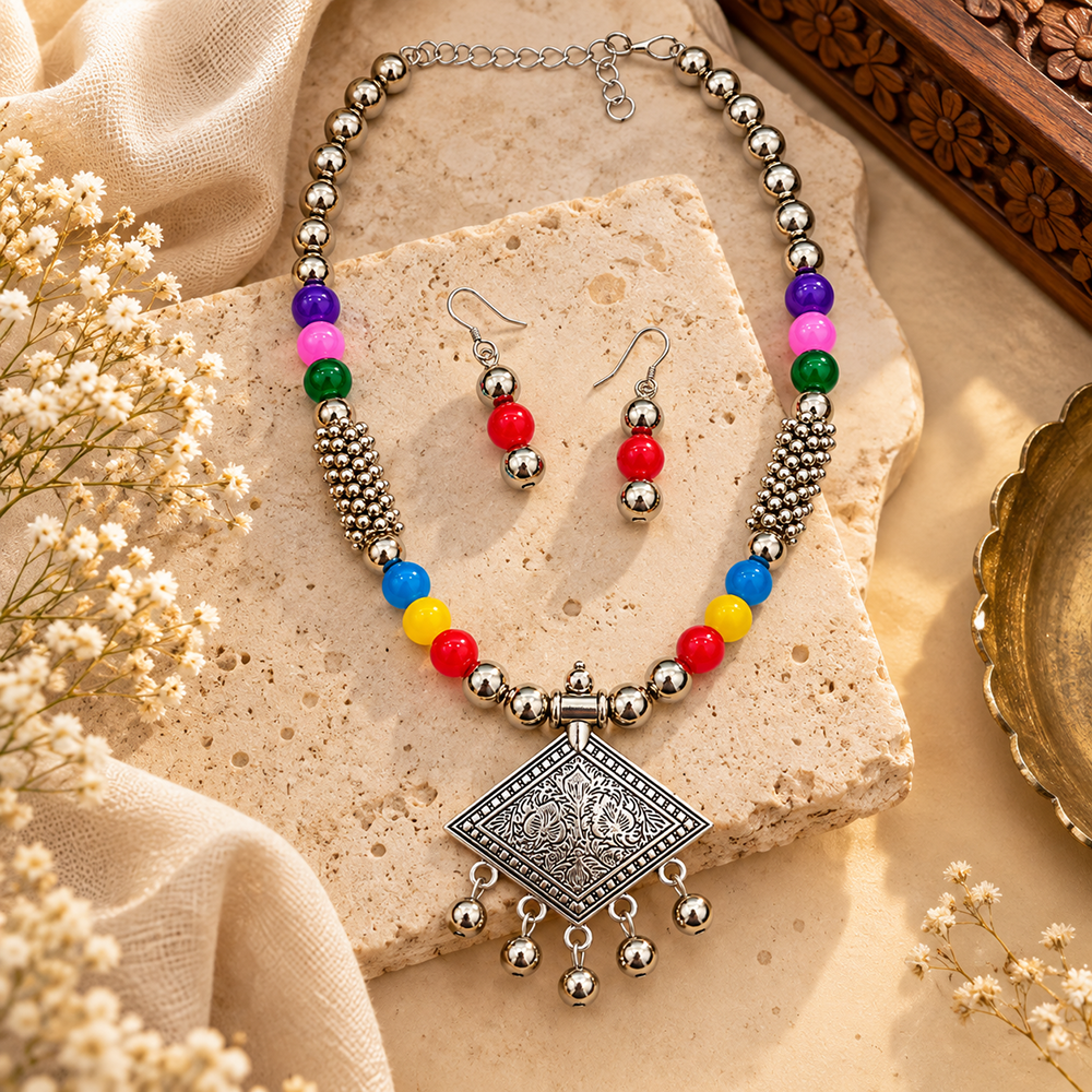 The99Jewel Multicolor Beads Stylish Oxidised Necklace Set