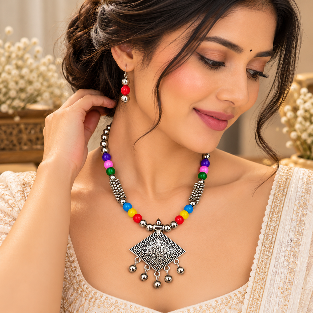 The99Jewel Multicolor Beads Stylish Oxidised Necklace Set 