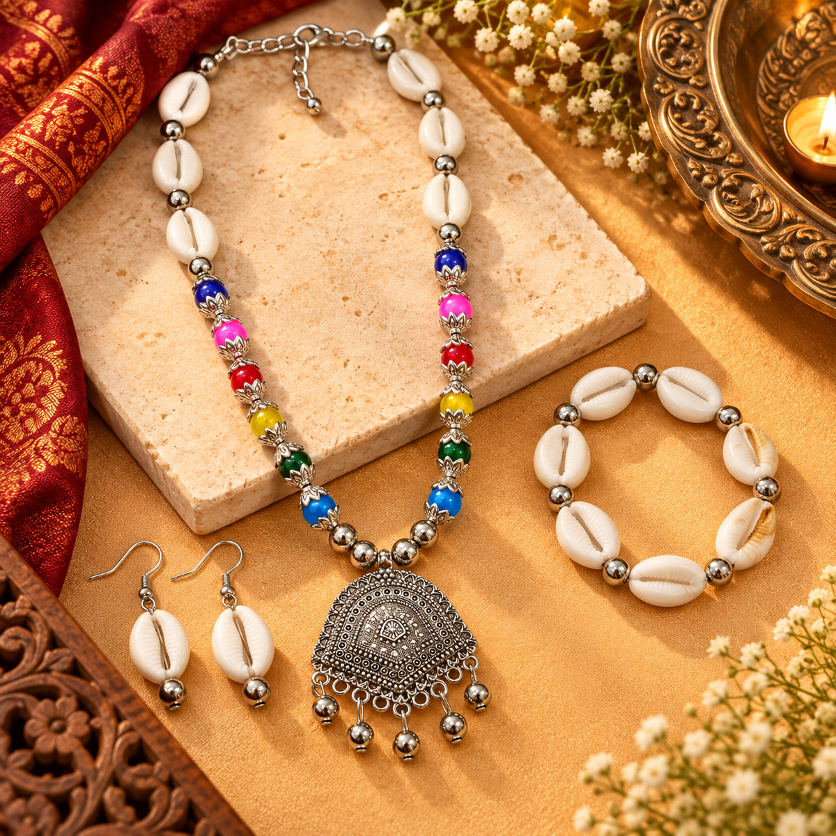 The99Jewel Multicolor Beads Stylish Oxidised Necklace Set