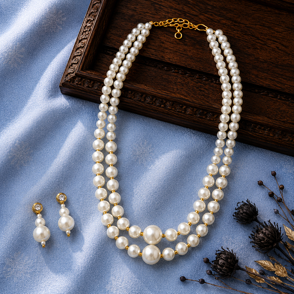 The99Jewel Stylish Two Layer Pearl Beaded Mala Necklace Set for Women Trendy Ethnic Fashion Jewellery