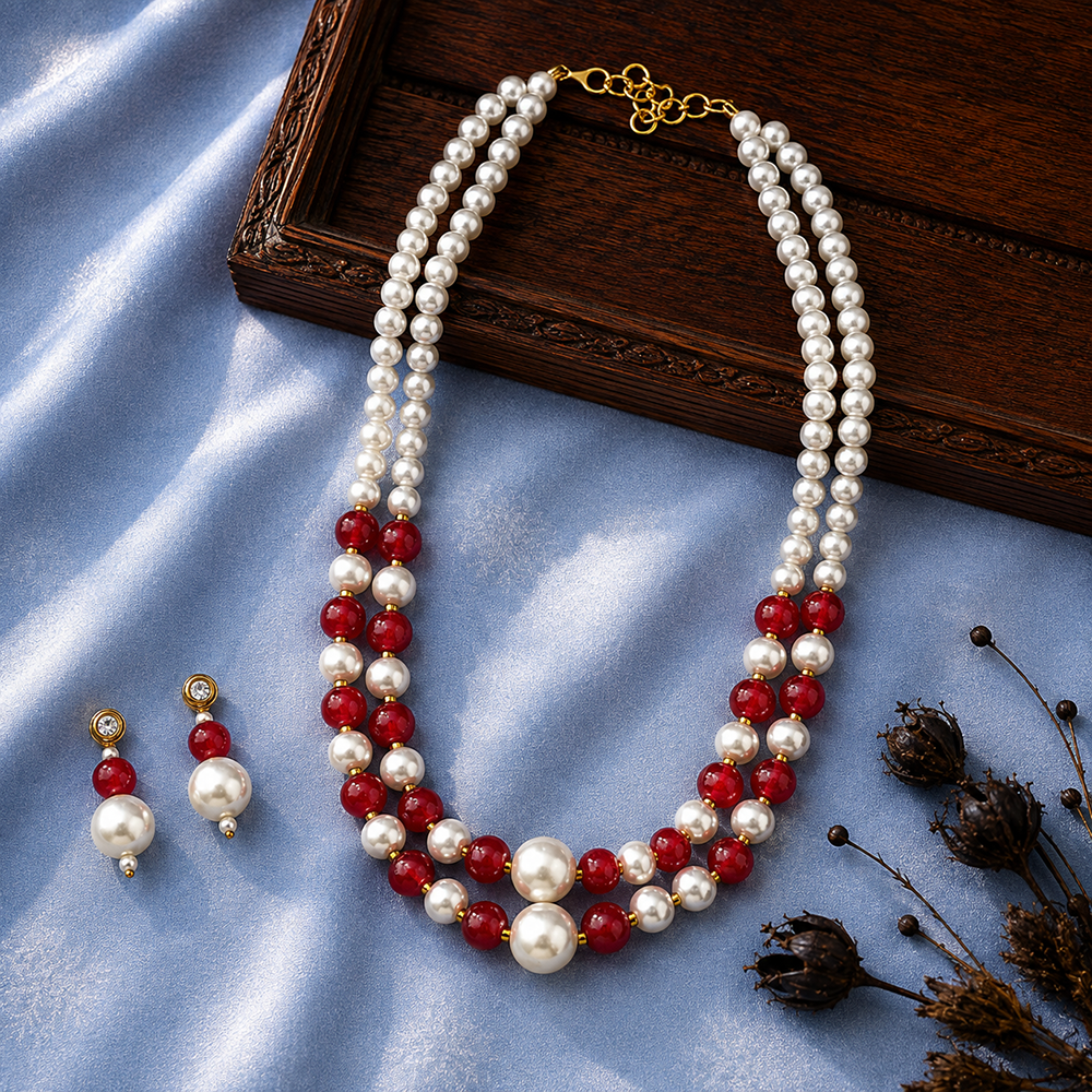The99Jewel Stylish Two Layer Pearl Beaded Mala Necklace Set for Women Trendy Ethnic Fashion Jewellery