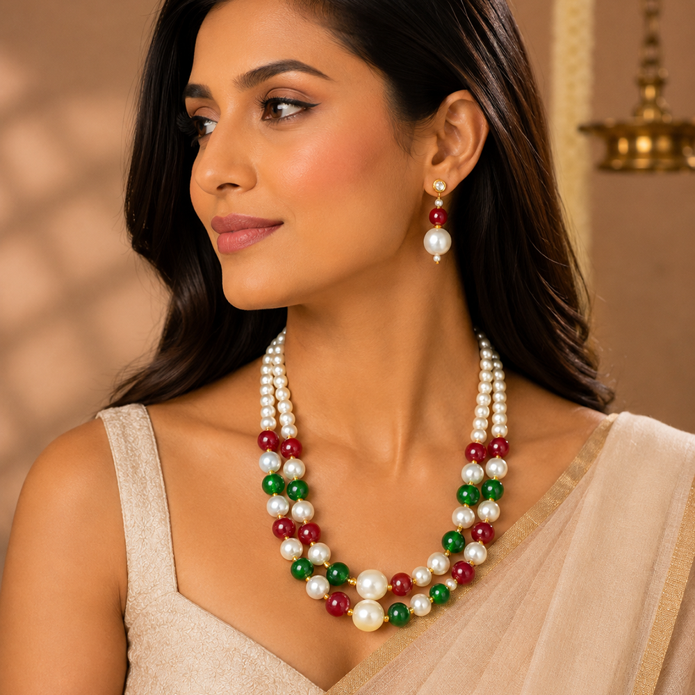 The99Jewel Stylish Two Layer Pearl Beaded Mala Necklace Set for Women Trendy Ethnic Fashion Jewellery