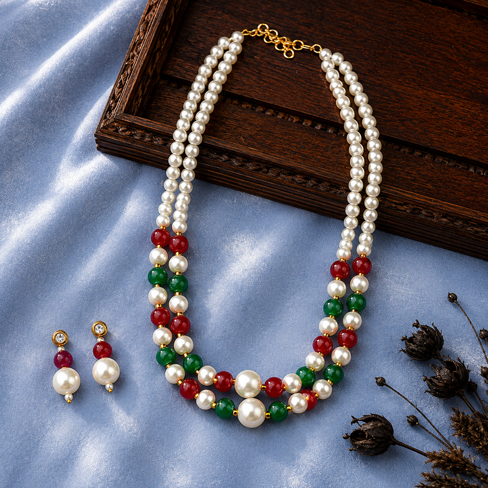 The99Jewel Stylish Two Layer Pearl Beaded Mala Necklace Set for Women Trendy Ethnic Fashion Jewellery