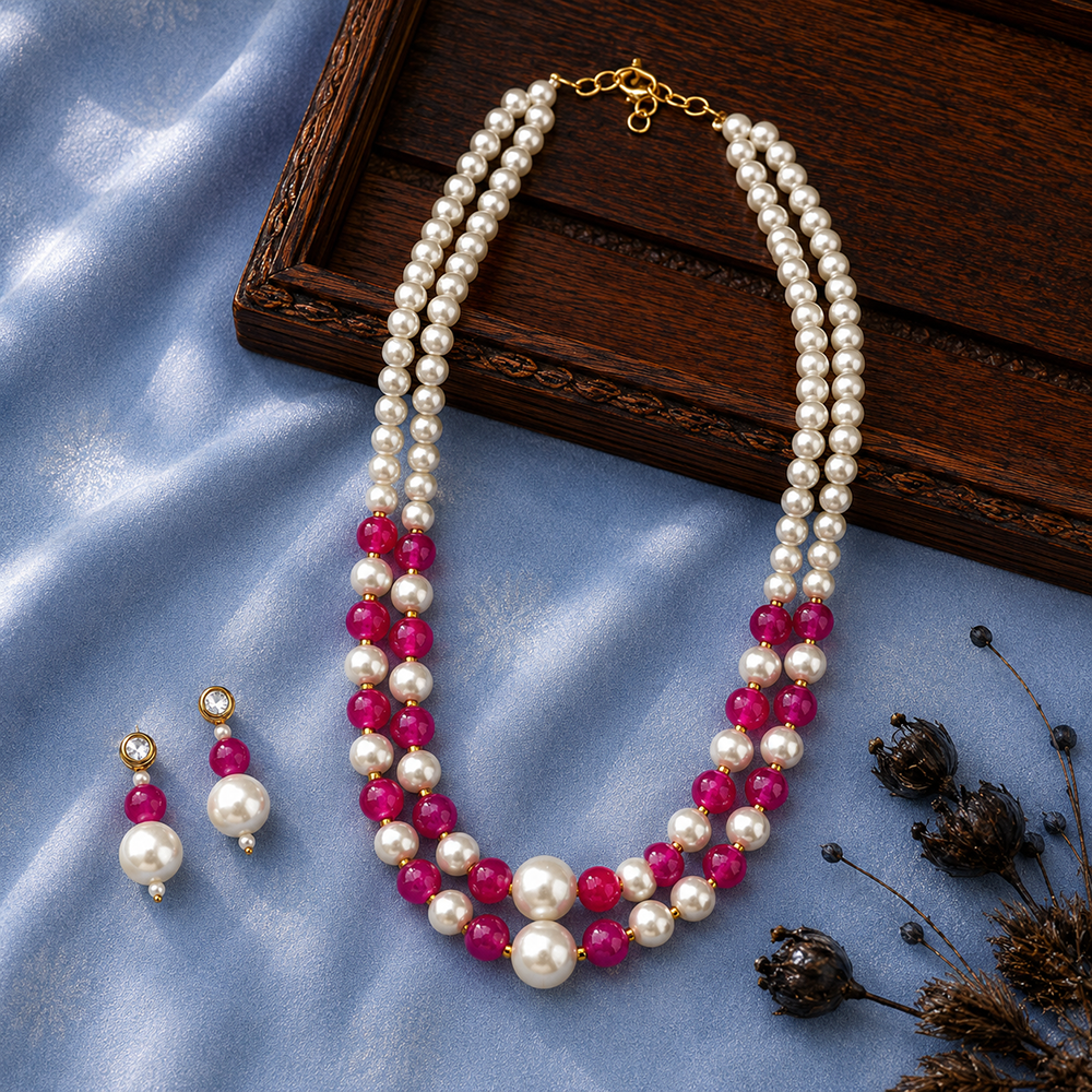 The99Jewel Stylish Two Layer Pearl Beaded Mala Necklace Set for Women Trendy Ethnic Fashion Jewellery