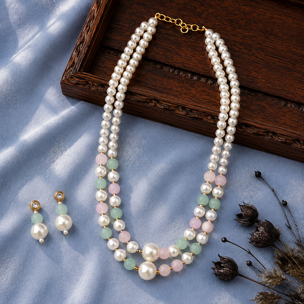 The99Jewel Stylish Two Layer Pearl Beaded Mala Necklace Set for Women Trendy Ethnic Fashion Jewellery