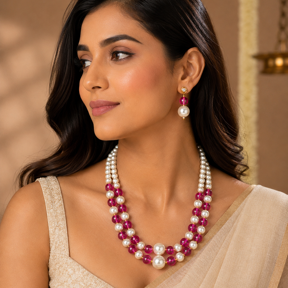 The99Jewel Stylish Two Layer Pearl Beaded Mala Necklace Set for Women Trendy Ethnic Fashion Jewellery
