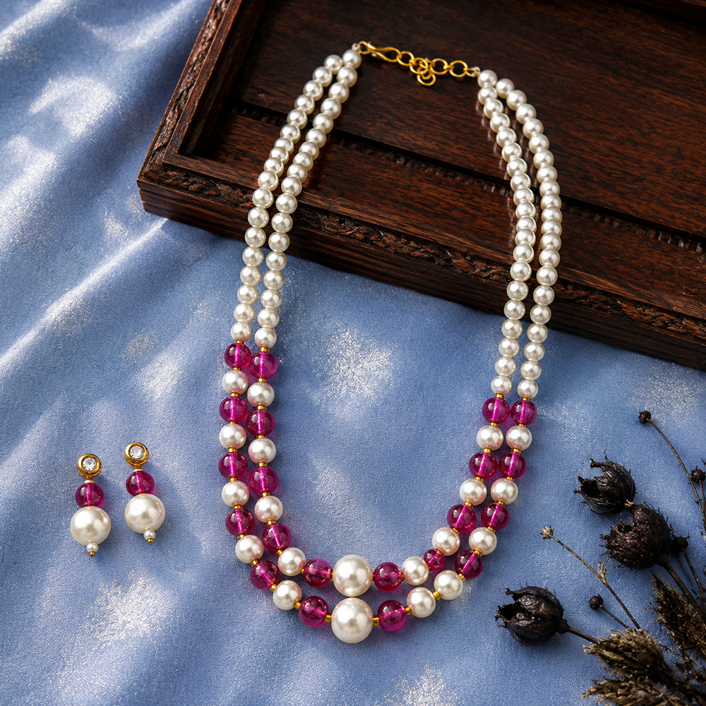 The99Jewel Stylish Two Layer Pearl Beaded Mala Necklace Set for Women Trendy Ethnic Fashion Jewellery
