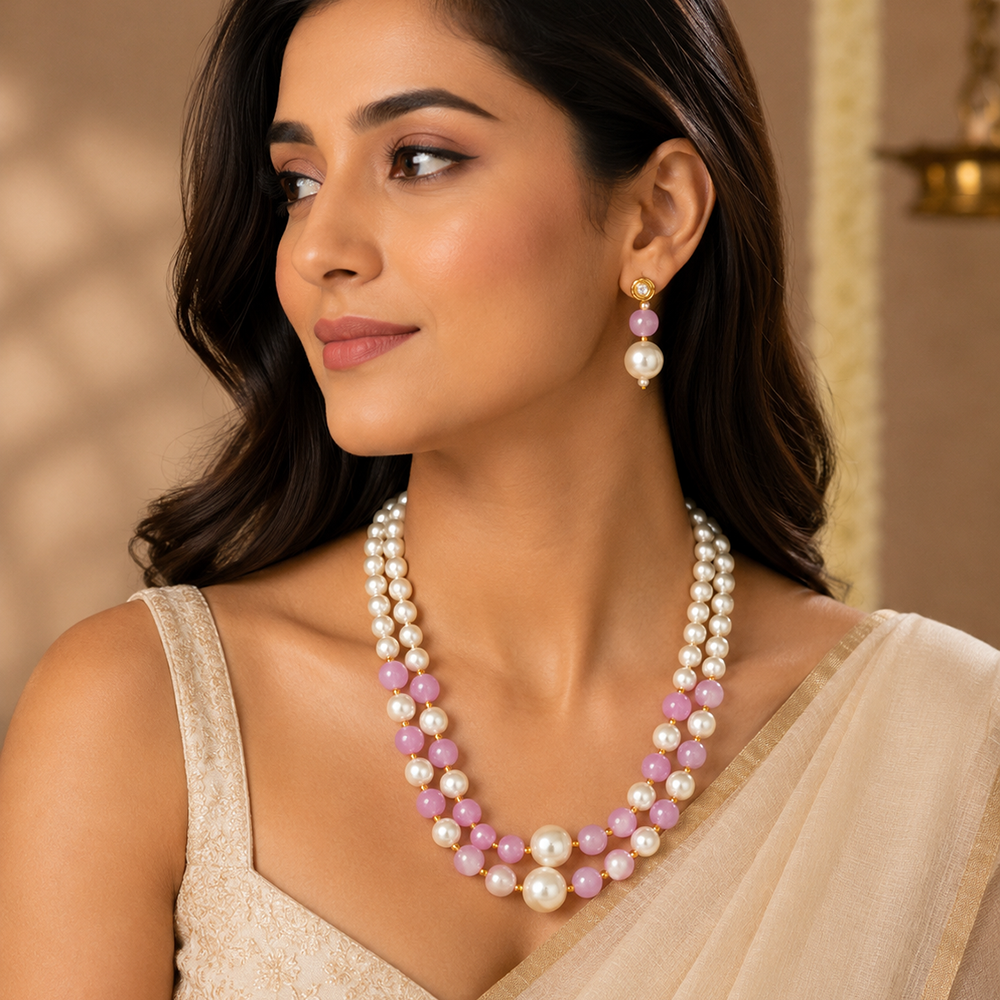 The99Jewel Stylish Two Layer Pearl Beaded Mala Necklace Set for Women Trendy Ethnic Fashion Jewellery