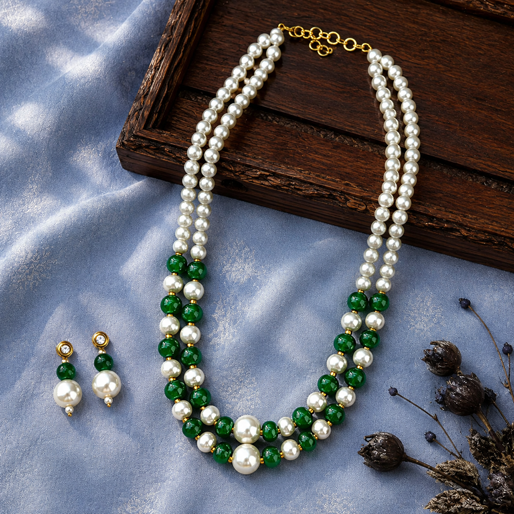 The99Jewel Stylish Two Layer Pearl Beaded Mala Necklace Set for Women Trendy Ethnic Fashion Jewellery