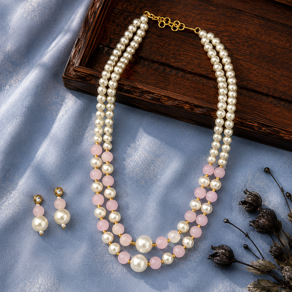 The99Jewel Stylish Two Layer Pearl Beaded Mala Necklace Set for Women Trendy Ethnic Fashion Jewellery