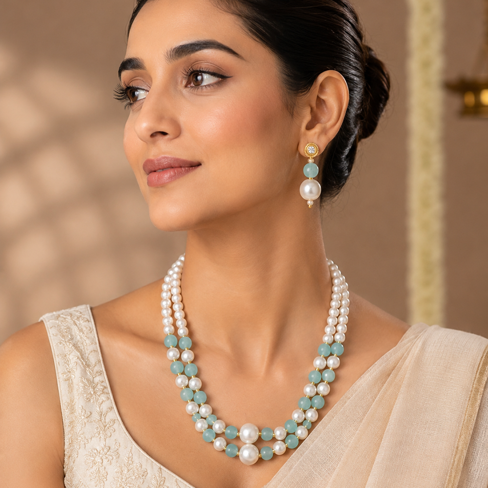 The99Jewel Stylish Two Layer Pearl Beaded Mala Necklace Set for Women Trendy Ethnic Fashion Jewellery