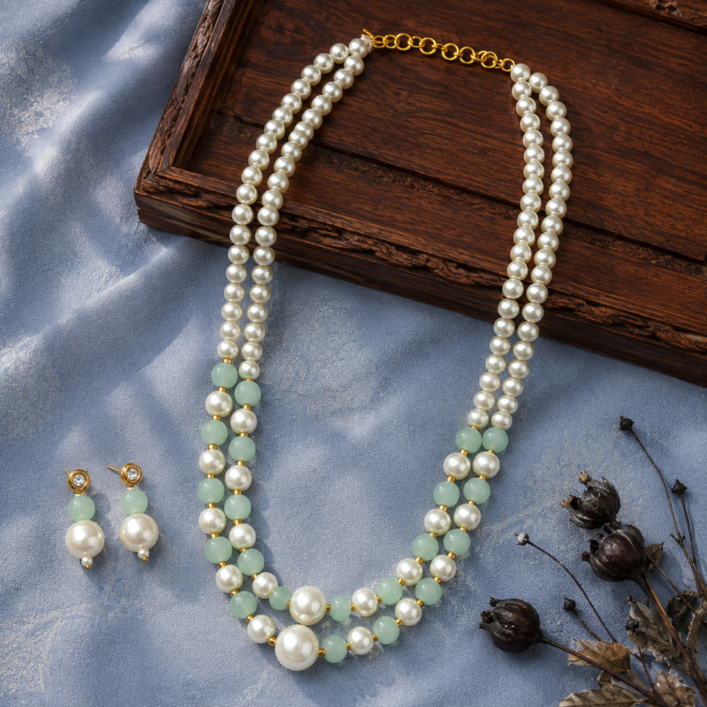 The99Jewel Stylish Two Layer Pearl Beaded Mala Necklace Set for Women Trendy Ethnic Fashion Jewellery